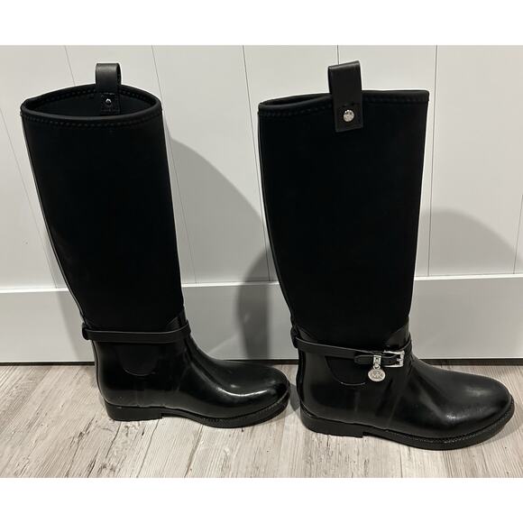 Michael Kors Rain Boots Size 6 Black Rubber & Neoprene. MK Silver Charm Logo. - Picture 4 of 8